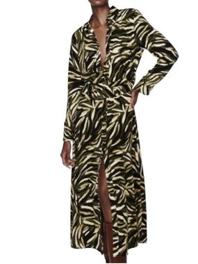 Zara Womens Printed Boho Belted Long Sleeve Shirt Midi / Maxi Dress Size M NWT